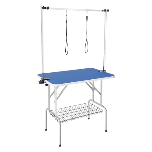 0197988266457 - VEVOR PET GROOMING TABLE TWO ARMS WITH CLAMP, 36X24 DOG GROOMING STATION, FOLDABLE PETS GROOMING STAND FOR MEDIUM AND SMALL DOGS, FREE NO SIT HAUNCH HOLDER WITH GROOMING LOOP, BEARING 330LBS