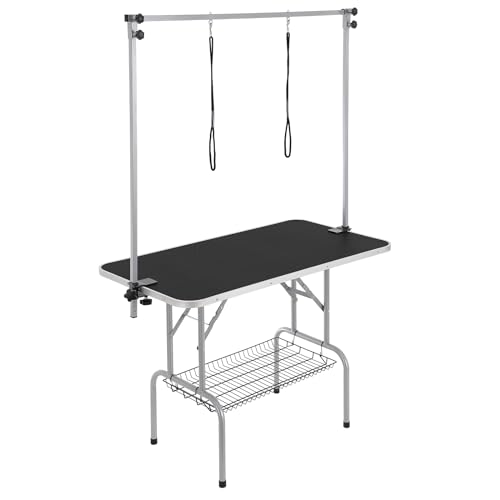 0197988267546 - VEVOR PET GROOMING TABLE TWO ARMS WITH CLAMP, 46 DOG GROOMING STATION, FOLDABLE PETS GROOMING STAND FOR MEDIUM AND SMALL DOGS, FREE NO SIT HAUNCH HOLDER WITH GROOMING LOOP, BEARING 330LBS