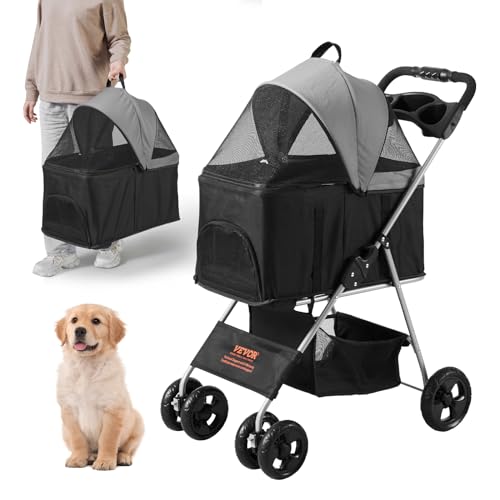 0197988268116 - VEVOR 3 IN 1 DOG STROLLER FOR MEDIUM SMALL DOGS UP TO 35LBS, 4 WHEELS FOLDING PET STROLLER FOR DOGS CATS WITH DETACHABLE CARRIER, PORTABLE CAT PUPPY JOGGING STROLLER WITH STORAGE BASKET AND CUP HOLDER