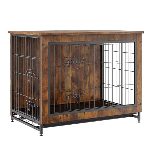 0197988405597 - VEVOR DOG CRATE FURNITURE, 32 INCH WOODEN DOG CRATE WITH DOUBLE DOORS, HEAVY-DUTY DOG CAGE END TABLE WITH MULTI-PURPOSE REMOVABLE TRAY, MODERN DOG KENNEL INDOOR FOR DOGS UP TO 45LB, RUSTIC BROWN