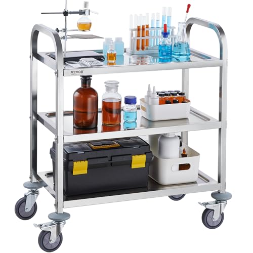 0197988437192 - VEVOR STAINLESS STEEL CART, 3 LAYERS LAB UTILITY CART 400 LBS WEIGHT CAPACITY, MEDICAL CART WITH LOCKABLE UNIVERSAL WHEELS, FOR LAB, CLINIC, KITCHEN, SALON