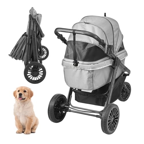 0197988439868 - VEVOR LARGE PET STROLLER FOR DOGS CATS UP TO 75LBS, 3 WHEELS FOLDING CAT DOG STROLLER, PORTABLE PET JOGGING STROLLER WITH STORAGE BASKET, PUPPY STROLLER ADJUTABLE HANDLE HEIGHT AND ZIPPERLESS CANOPY
