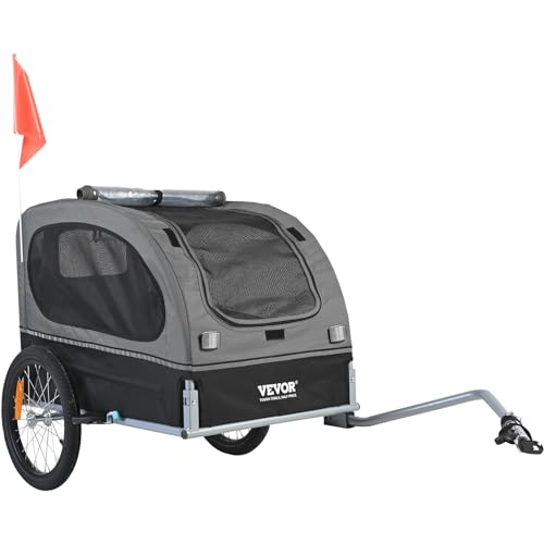 0197988455523 - VEVOR DOG BIKE TRAILER, SUPPORTS UP TO 88 LBS, PET CART BICYCLE CARRIER, EASY FOLDING FRAME WITH QUICK RELEASE WHEELS, UNIVERSAL BICYCLE COUPLER, REFLECTORS, FLAG, COLLAPSIBLE TO STORE, BLACK/GRAY