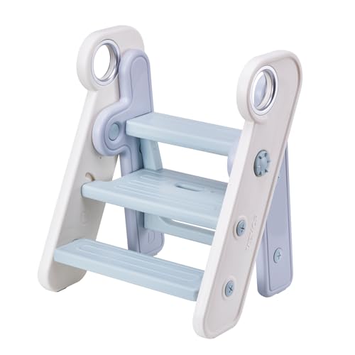 0197988460084 - VEVOR TODDLER STEP STOOL, ADJUSTABLE 3 STEP TO 2-STEP KIDS KITCHEN STOOL HELPER, FOLDABLE PLASTIC STANDING TOWER LEANING STOOL WITH HANDLES FOR TOILET POTTY TRAINING, KITCHEN COUNTER, BATHROOM, BLUE