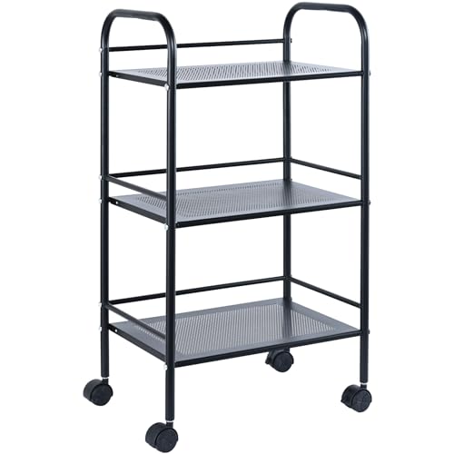 0197988557586 - VEVOR 3-TIER METAL ROLLING CART, HEAVY DUTY UTILITY CART WITH LOCKABLE WHEELS, MULTI-FUNCTIONAL STORAGE TROLLEY WITH HANDLE FOR OFFICE, LIVING ROOM, KITCHEN, MOVABLE STORAGE ORGANIZER SHELVES, BLACK