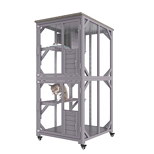 0197988622147 - VEVOR CAT CONDO CAGE CATIO OUTDOOR/INDOOR CAT ENCLOSURE, WOODEN CAT HOUSE ON ROTATING WHEELS, 3-TIER PET PLAYPEN WITH RESTING BOX, CAT CRATE CAT KENNEL WITH WATERPROOF ROOF, 29.9 L X 34 W X 64.1 H