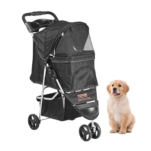 0197988932925 - VEVOR DOG STROLLER FOR SMALL MEDIUM DOGS UP TO 35LBS, 3 WHEELS FOLDING PET STROLLER FOR DOGS CATS, PORTABLE CAT PUPPY DOGGY DOGGIE JOGGING STROLLER WITH STORAGE BASKET AND CUP HOLDER