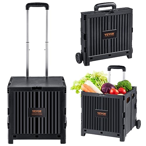 0197988933878 - VEVOR FOLDABLE UTILITY CART, 80 LBS STATIC LOAD CAPACITY, FOLDING PORTABLE ROLLING CRATE HANDCART WITH DURABLE HEAVY DUTY TELESCOPING HANDLE AND 2 WHEELS FOR TRAVEL SHOPPING MOVING LUGGAGE USE, BLACK