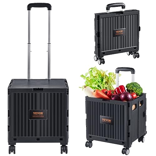 0197988933885 - VEVOR FOLDABLE UTILITY CART, 110 LBS STATIC LOAD CAPACITY, FOLDING PORTABLE ROLLING CRATE HANDCART WITH HEAVY DUTY TELESCOPING HANDLE AND 4 ROTATE WHEELS FOR TRAVEL SHOPPING MOVING LUGGAGE USE, BLACK