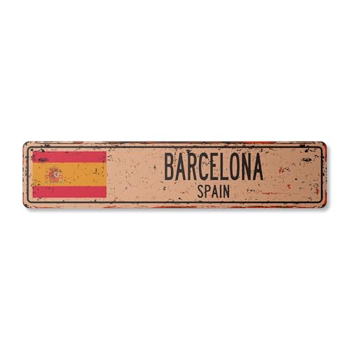 0198164098176 - BARCELONA SPAIN VINTAGE ALUMINUM STREET SIGN SPANIARD FLAG CITY COUNTRY ROAD RUSTIC METAL TIN WALL GIFT | INDOOR/OUTDOOR | 24 WIDE
