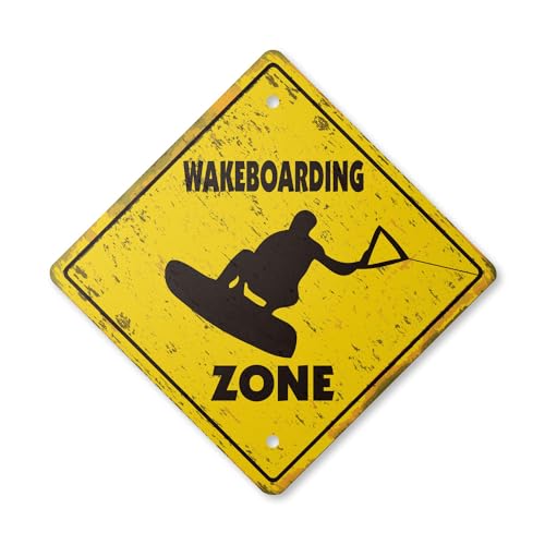 0198164393387 - WAKEBOARDING VINTAGE CROSSING SIGN ZONE XING | INDOOR/OUTDOOR PLASTIC | 14 TALL RUSTIC SPORT SURF SURFING WAKEBOARDER WAKE BOARDER