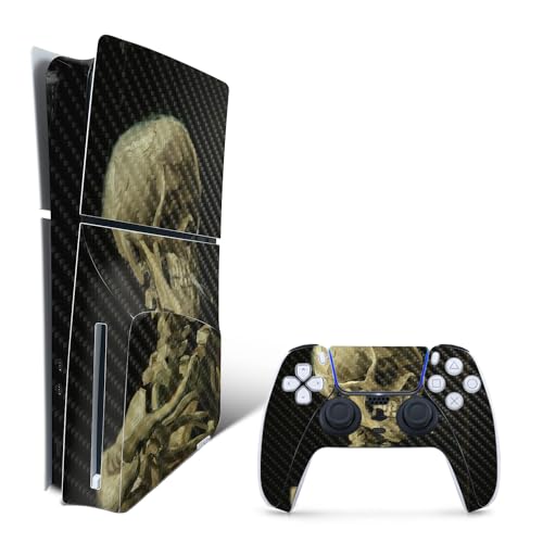0198164462885 - MIGHTYSKINS CARBON FIBER SKIN COMPATIBLE WITH PLAYSTATION 5 PS5 SLIM DISK EDITION BUNDLE - SKULL WITH CIGARETTE | PROTECTIVE DURABLE TEXTURED CARBON FIBER FINISH | EASY TO APPLY | MADE IN THE USA