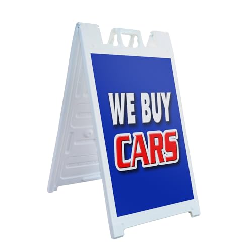 0198164552395 - A-FRAME SIDEWALK WE BUY CARS 24 X 36 DOUBLE SIDED A-FRAME SIDEWALK SIGN, INCLUDES 2 PLASTIC INSERTS | FOLDABLE PORTABLE WHITE SIGNICADE SANDWICH BOARD SIGNS