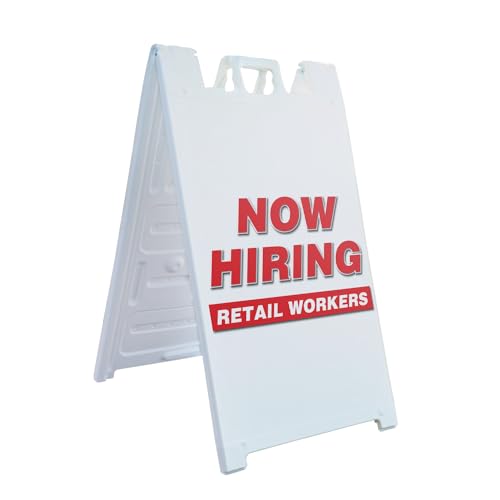 0198164554252 - A-FRAME SIDEWALK NOW HIRING RETAIL WORKERS 24 X 36 DOUBLE SIDED A-FRAME SIDEWALK SIGN, INCLUDES 2 PLASTIC INSERTS | FOLDABLE PORTABLE WHITE SIGNICADE SANDWICH BOARD SIGNS