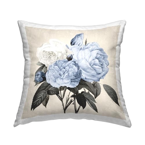 0198262621757 - STUPELL INDUSTRIES BLUE ROSES BOUQUET DESIGN BY KELLY DONOVAN THROW PILLOW, 18 X 18, OFF- WHITE