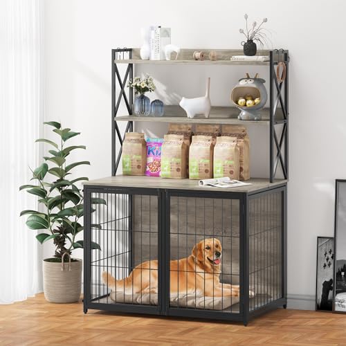 0198290062775 - GAOMON DOG CRATE FURNITURE,WOODEN DOG CRATE END TABLE WITH FLIP TOP AND MOVABLE DIVIDER,42.5 INCH DOG CAGE WITH STORAGE SHELVES,LARGE DOG KENNEL INDOOR FURNITURE WITH 3 DOORS,42.5L*27.1W*63.7H,GREY