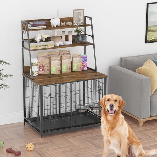 0198290062782 - GAOMONDOG CRATE FURNITURE WITH STORAGE SHELVES, WOODEN DOG KENNEL WITH REMOVABLE TRAY,DOUBLE DOORS MODERN DOG CRATE,INDOOR DOG HOUSE WITH TWO 360° & ADJUSTABLE STAINLESS STEEL BOWLS,END TABLE DOG CAGE