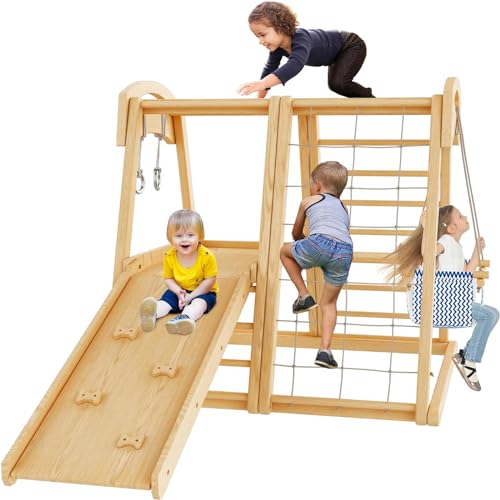 0198290520244 - 8 IN 1 INDOOR KIDS PLAYGROUND,JUNGLE GYM TOYS,TODDLER CLIMBER PLAYSET WITH SLIDE, CLIMBING ROCK/NET, LADDER, MONKEY BARS, ROPE LADDER AND SWING