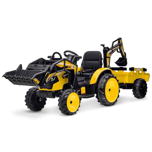 0198290584949 - GAOMON 3 IN 1 RIDE ON TRACTOR, EXCAVATOR & BULLDOZER, 24V ELECTRIC VEHICLE W/TRAILER, SHOVEL BUCKET, DIGGER, REMOTE CONTROL, EVA TIRES, LED LIGHTS, MUSIC, USB & BLUETOOTH, KIDS RIDE ON CAR TOY, YELLOW
