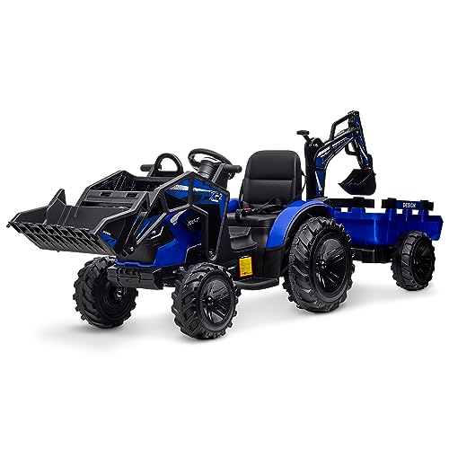 0198290586158 - GAOMON 3 IN 1 RIDE ON TRACTOR, EXCAVATOR & BULLDOZER, 24V ELECTRIC VEHICLE W/TRAILER, SHOVEL BUCKET, DIGGER, REMOTE CONTROL, EVA TIRES, LED LIGHTS, MUSIC, USB & BLUETOOTH, KIDS RIDE ON CAR TOY, BLUE
