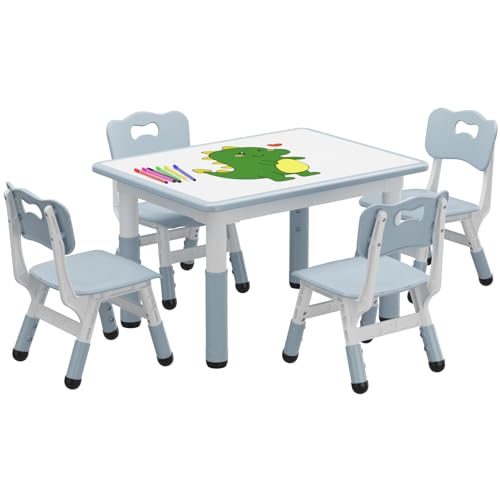 0198290607495 - KIDS TABLE AND CHAIR SET, HEIGHT ADJUSTABLE TODDLER TABLE AND 4 CHAIRS SET FOR AGES 2-10, GRAFFITI DESKTOP, NON-SLIP LEGS, ARTS & CRAFTS TABLE, CHILDREN ACTIVITY TABLE FOR DAYCARE CLASSROOM HOME