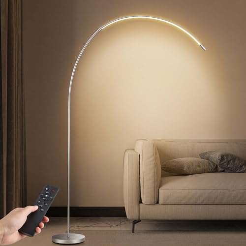 0198290609482 - ARC FLOOR LAMP FOR LIVING ROOM, 71 REMOTE CONTROL DIMMABLE LED FLOOR LAMP WITH 3 COLOR TEMPERATURES 2700K-5000K STEPLESS DIMMING CURVED MODERN STANDING TALL LAMP FOR BEDROOM OFFICE HOME (SILVER)