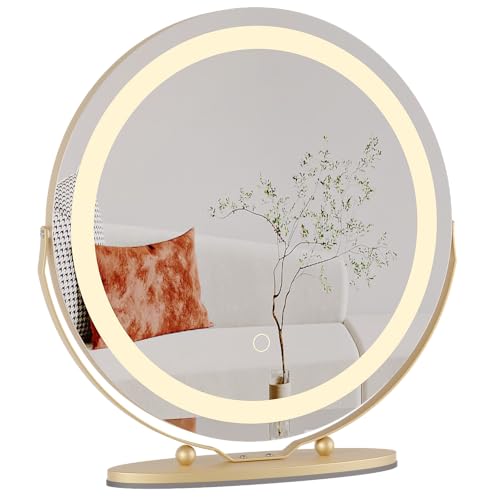 0198290622528 - GAOMON 2024 NEW 19 INCH VANITY MIRROR WITH LED LIGHTS, HD MAKEUP MIRROR WITH TOUCH CONTROL & 3 COLOR LIGHTING MODES, ROUND DESK MIRROR, 360°ROTATION, FOR BEDROOM TABLETOP, EASY TO INSTALL (GOLD)