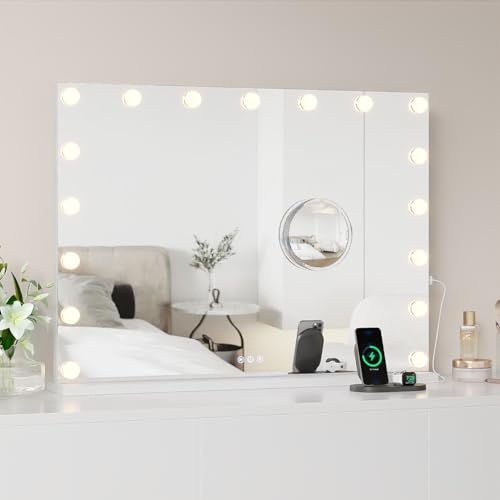 0198290622603 - GAOMON 2024 NEW VANITY MIRROR WITH LIGHTS WITH USB CHARGING PORT, MAKEUP MIRROR WITH 17 LED BULBS, 3 COLORS MODES, AND 3X DETACHABLE MAGNIFICATION MIRROR FOR TABLETOP, METAL FRAME, WHITE (32 X 24)