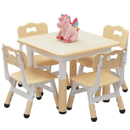 0198290789597 - KIDS TABLE AND 4 CHAIRS SET WITH GRAFFITI DESKTOP, HEIGHT-ADJUSTABLE TODDLER TABLE AND CHAIR SET FOR AGES 2-10, 4 IN 1 CHILDREN ACTIVITY TABLE, IDEAL FOR ARTS & CRAFTS, SNACK TIME & MORE, BURLYWOOD