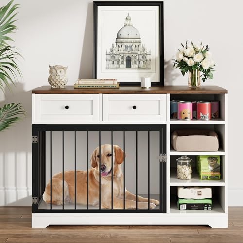 0198290824939 - GAOMON DOG CRATE FURNITURE 47”, LARGE DOG CRATE WITH 2 DRAWERS AND 4 SHELVES, WOODEN HEAVY DUTY DOG CRATE, DECORATIVE DOG INDOOR KENNEL FURNITURE INDOOR WITH STORAGE, WHITE
