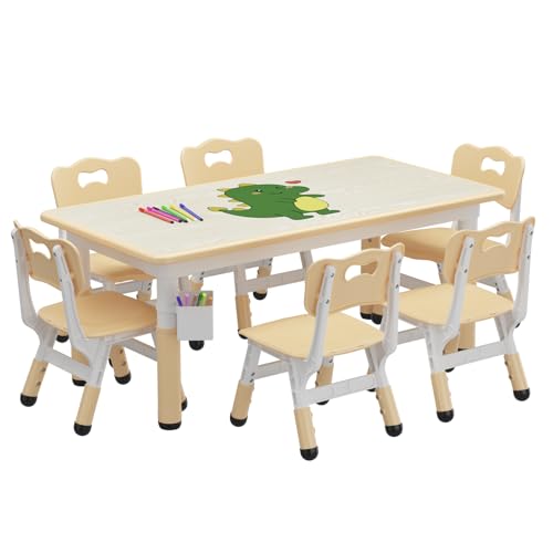 0198290873081 - KIDS TABLE AND CHAIR SET WITH STORAGE, HEIGHT ADJUSTABLE TODDLER TABLE AND 6 CHAIRS SET FOR AGES 2-10, GRAFFITI DESKTOP, NON-SLIP LEGS, CHILDREN ACTIVITY TABLE FOR ARTS & CRAFTS DAYCARE CLASSROOM HOME