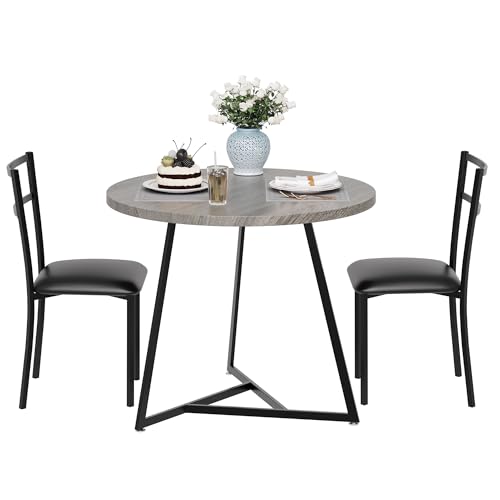 0198290880607 - GAOMON ROUND DINING TABLE SET FOR 2, MODERN KITCHEN TABLE CHAIRS SET OF 2,SMALL DINING ROOM TABLE SET WITH 2 UPHOLSTERED CHAIRS, FURNITURE SET DINETTE FOR SMALL PLACE,APARTMENT,GRAY