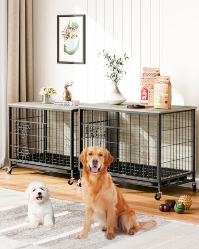 0198290944422 - DOG CRATE FURNITURE, 2024 NEW FURNITURE STYLE DOG CRATE WITH REMOVABLE TRAY AND WHEELS, HEAVY-DUTY DOUBLE-DOORS DOG CAGE END TABLE, 38.6 WOODEN DOG KENNEL, INDOOR DOG HOUSE FOR LARGE DOGS, BROWN