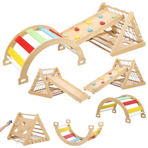 0198290955930 - TODDLER INDOOR GYM PLAYSET, 3 IN 1 WOODEN CLIMBING TOYS, 3-SIDED WOODEN TRIANGLE CLIMBER WITH CLIMBING NET,SLIDING RAMP, SANDBAGS & BOARD FOR KIDS BOYS GIRLS INDOOR GYM PLAYSET GIFT,HOME & DAYCARE
