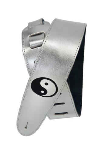 0019954977207 - PLANET WAVES 25SLE01 EMBOSSED SILVER LEATHER ELECTRIC GUITAR STRAP, YIN YANG