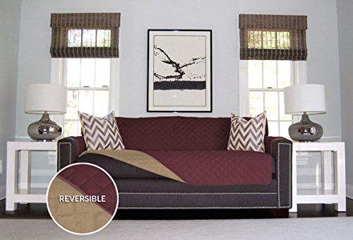 0019962116957 - THE ORIGINAL SOFA SHIELD (TM) REVERSIBLE FURNITURE PROTECTOR. MANY COLORS AND 3 SIZES: SOFA, LOVESEAT, AND CHAIR. FEATURES ELASTIC STRAP TO KEEP COVER IN PLACE. MACHINE WASHABLE. GREAT FOR HOMES WITH KIDS AND PETS. (SOFA: BURGUNDY/TAN)