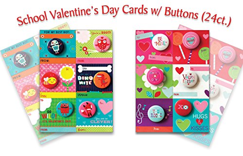 0019962619182 - B-THERE SCHOOL VALENTINE DAY CARDS WITH BUTTONS FUN & CUTE ILLUSTRATED CARDS WITH MATCHING BUTTONS FOR KIDS VALENTINES DAY, 24 COUNT