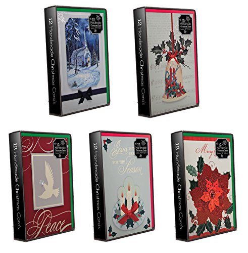 0019962899188 - CHRISTMAS HOLIDAY BOXED CARDS RELIGIOUS XMAS BOX SET 60 COUNT GORGEOUS WITH FOIL AND GLITTER FINISHES PLUS TIP-ONS, RIBBON, AND GEM STONES WITH 5 DESIGNS CANDLE, HOLLY, POINSETTIA, DOVE