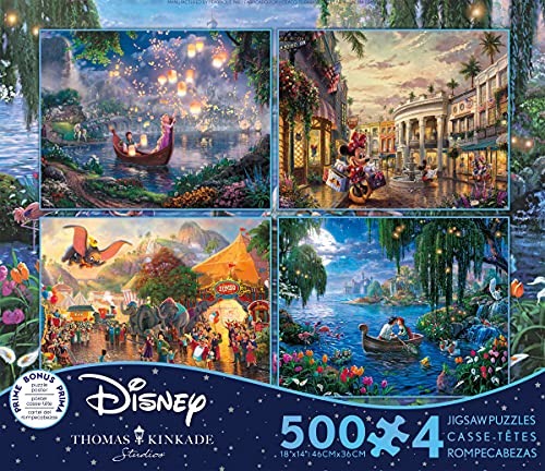 0021081036764 - CEACO 500 PIECE THOMAS KINKADE - DISNEY DREAMS 4 IN 1 MULTIPACK JIGSAW PUZZLES - TANGLED, MICKEY AND MINNIE IN PARIS, DUMBO, AND THE LITTLE MERMAID, AGES KIDS AND ADULTS