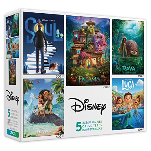 0021081370233 - CEACO - 5 IN 1 JIGSAW PUZZLE MULTIPACK – DISNEY MOVIE POSTERS – ENCANTO, MOANA, LUCA, SOUL & RAYA AND THE LAST DRAGON - 300 PIECE, 500 PIECE, 750 PIECE JIGSAW PUZZLES