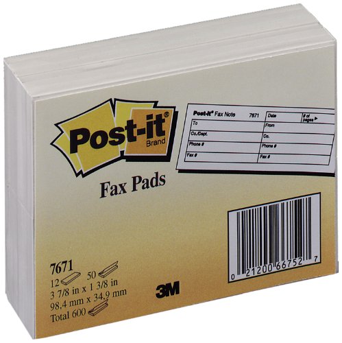 0021200667527 - POST-IT FAX NOTES, 3 7/8 IN. X 1 3/8-INCHES, WHITE, 12-PADS/PACK