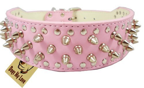 0022099767183 - 17-20 PINK LEATHER SPIKED STUDDED DOG COLLAR 2 WIDE, 31 SPIKES 52 STUDS