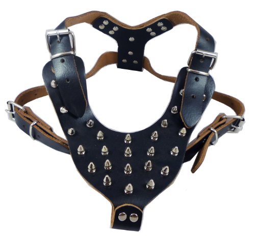0022099767404 - LEATHER SPIKED DOG HARNESS LARGE BLACK 26-34 CHEST, 28 SPIKES PIT BULL, BOXER, BULL TERRIER