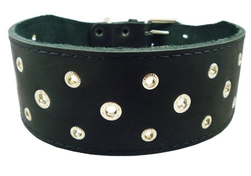 0022099767770 - 3 EXTRA WIDE HEAVY DUTY GENUINE LEATHER STUDDED BLACK LEATHER COLLAR. FITS 20-24.5 NECK. FOR LARGE BREEDS - STAFFORD, PIT BULL