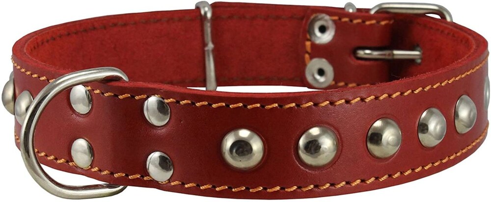 0002209976797 - RED GENUINE 1.25 WIDE THICK LEATHER STUDDED DOG RED COLLAR. FITS 15 -20 NECK MEDIUM BREEDS