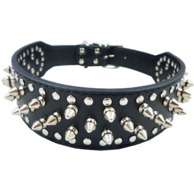 0022099768807 - 14.5-17.5 BLACK FAUX LEATHER SPIKED STUDDED DOG COLLAR 2 WIDE, 25 SPIKES 44 STUDS, PIT BULL, BOXER