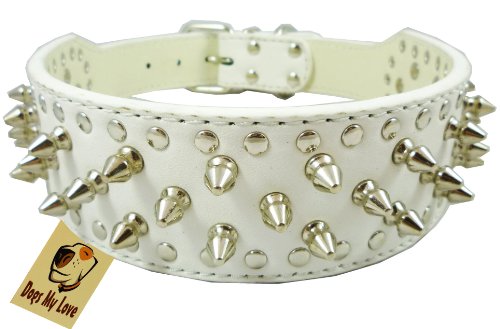 0022099768814 - 14.5-17.5 WHITE FAUX LEATHER SPIKED STUDDED DOG COLLAR 2 WIDE, 25 SPIKES 44 STUDS, PIT BULL, BOXER