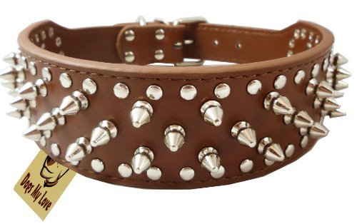 0022099768869 - 14.5-17.5 BROWN FAUX LEATHER SPIKED STUDDED DOG COLLAR 2 WIDE, 25 SPIKES 44 STUDS, PIT BULL, BOXER