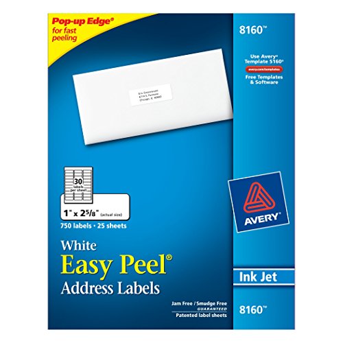 0221889003160 - AVERY EASY PEEL ADDRESS LABELS FOR INKJET PRINTERS, 1 X 2.62 INCH, BOX OF 750 LABELS, WHITE