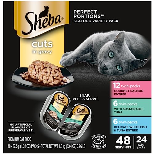 0002310011516 - SHEBA WET CAT FOOD CUTS IN GRAVY GOURMET SALMON ENTRÉE AND SIGNATURE TUNA ENTRÉE AND DELICATE WHITE FISH & TUNA ENTRÉE MULTIPACK, 2.6 OZ. PERFECT PORTIONS TWIN-PACK TRAYS